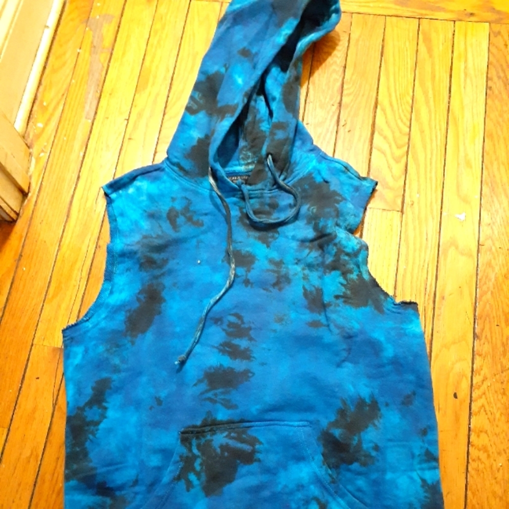 Tye Dye blue Sleeveless distressed oversize hoodie